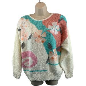 VTG Needles & Yarn Size Large Knit Floral Sweater Women Embellished Ivory Padded